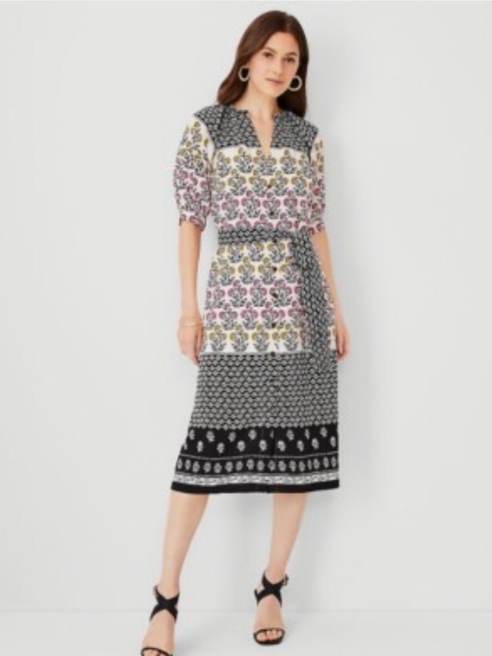 Ann Taylor Size 4 Print Midi Dress with Waist Tie in Cream, Pink, Mustard